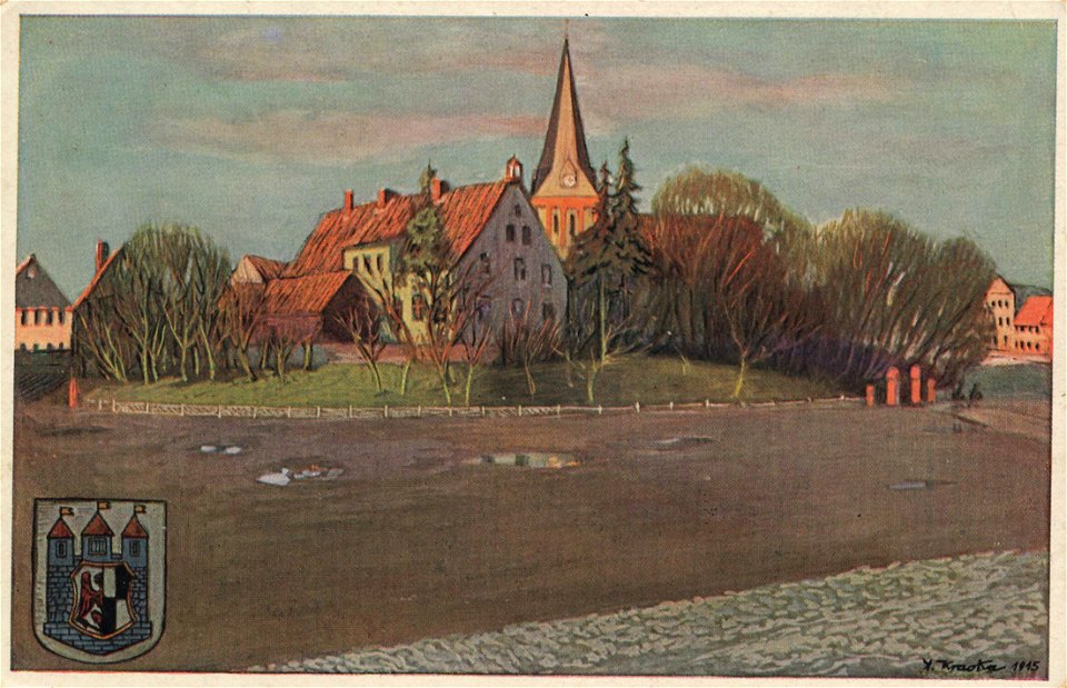 Marggrabowa, Ostpreußen - Marktplatz mit Kirchberg, Rathaus, Kirche und zerstörter Mädchenschule (Zeno Ansichtskarten)