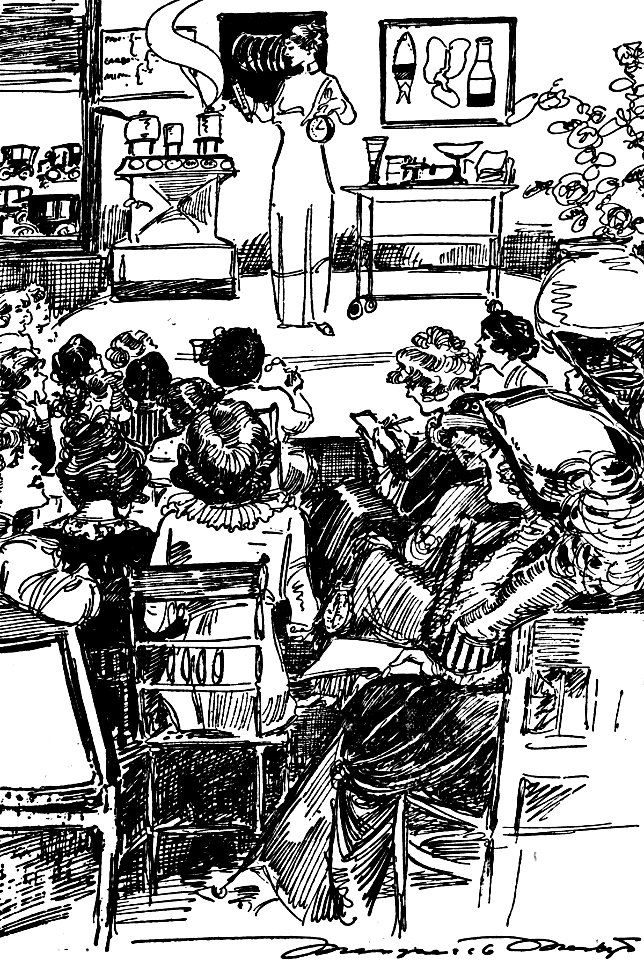 Marguerite Martyn sketch of adult education cooking class in 1913