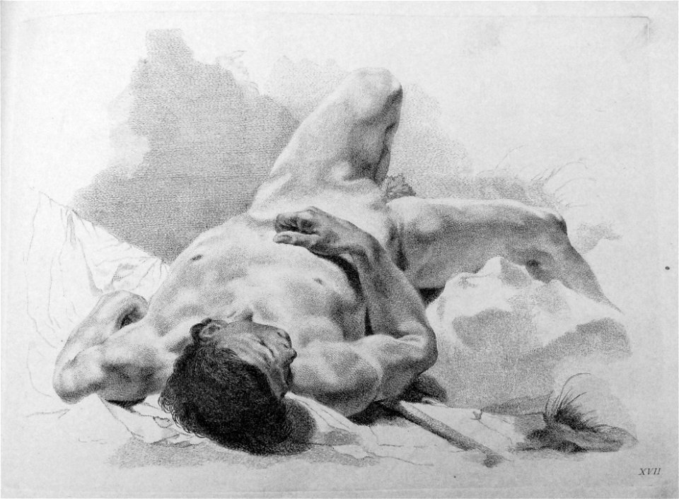 Marco Pitteri - Plate 17 Academic study of a young nude male, lying on his back with his arm draped across his chest; with shading. 1760, 1860,1208.311
