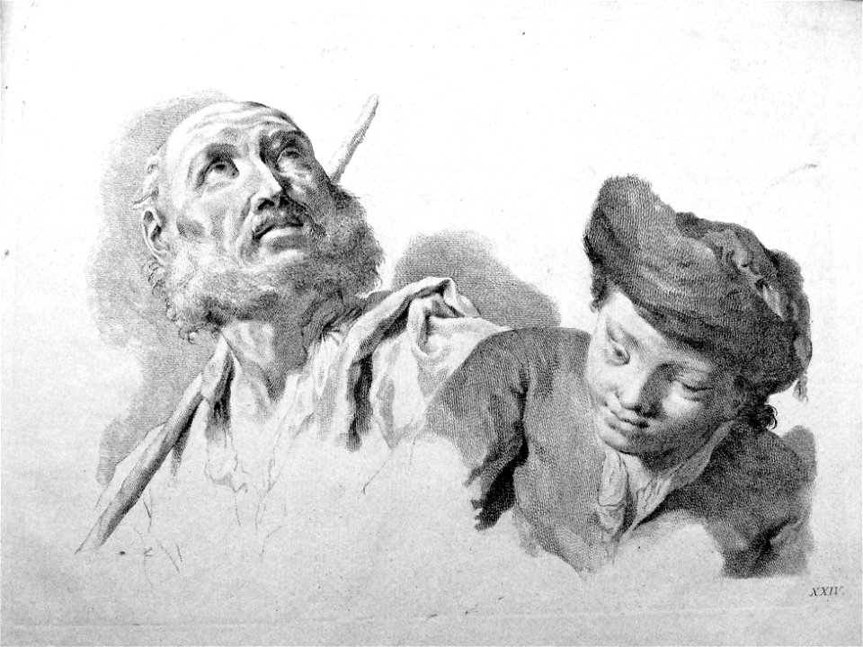 Marco Pitteri - Plate 24 Bust of a bearded man supporting a staff on his shoulder and looking toward the top right, and the bust of a woman wearing a fur trimmed hat; with shading. 1760, 1860,1208.325
