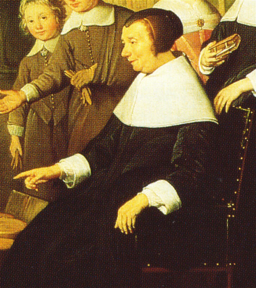 Maria van Pallaes - detail of Hendrick Bloemaert Uitdeling aan de armen door Maria van Pallaes 1657 (cropped)