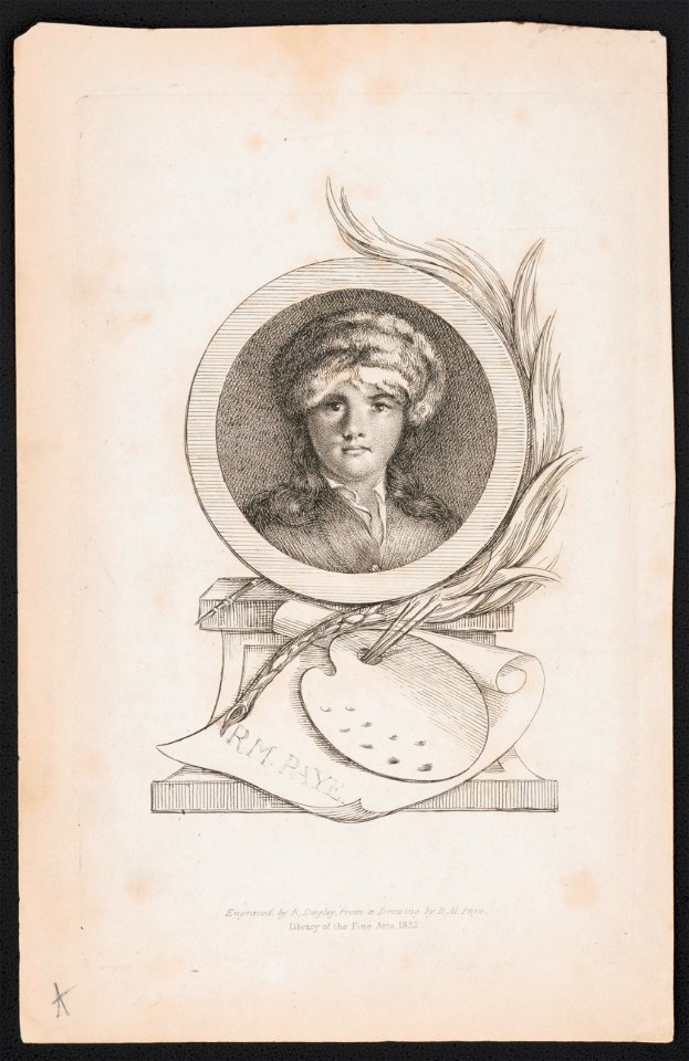 Maria Cosway, bust portrait, facing front, in medallion on pedestal with an artist's palate and brushes resting on paper labeled R.M. Paye) - engraved by R. Dagley from a painting by R.M. LCCN2016649765