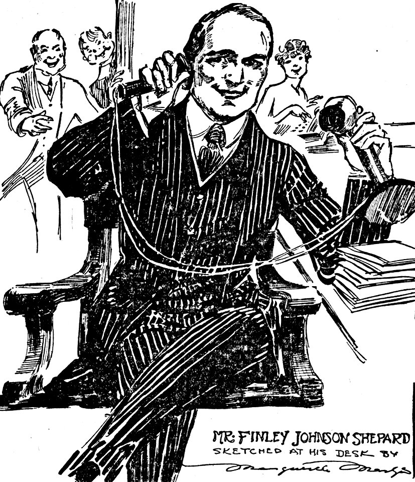 Marguerite Martyn sketch of Finley Johnson Shepard at his desk being congratulated on his engagement to Helen Gould, 1917