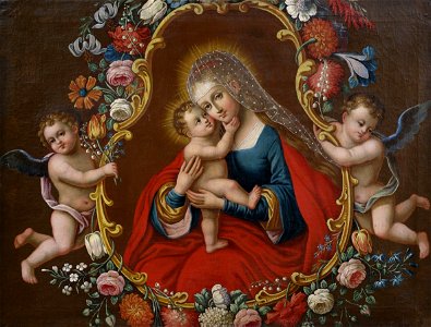 Maria mit dem Kind (Maria Hilf) in Blumengirlande mit Putten