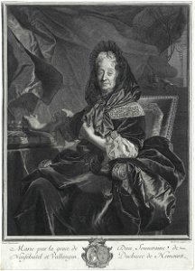 Marie d'Orléans, Princess of Neuchâtel in an engraving by Drevet after Rigaud in 1705