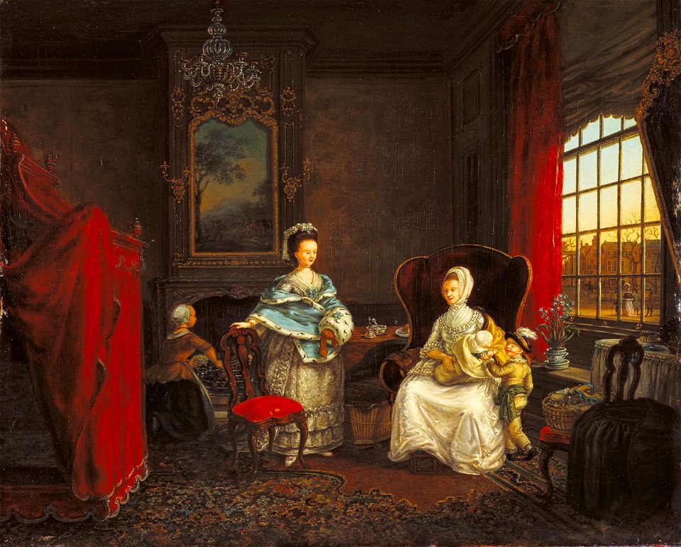 Maria La Fargue - A visit to a young mother in a modern interior, with a wintry view of The Hague through the Window