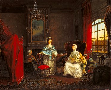 Maria La Fargue - A visit to a young mother in a modern interior, with a wintry view of The Hague through the Window