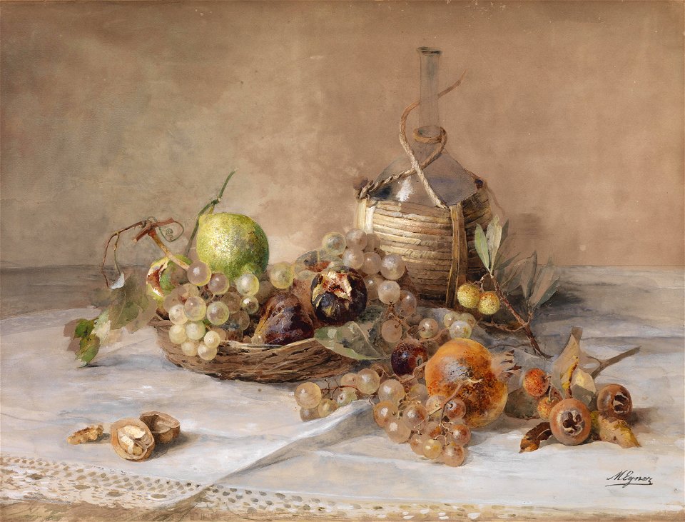 Marie Egner Stilleben mit Obst und Chiantiflasche