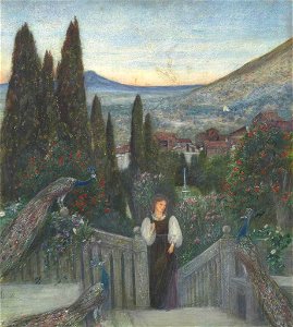 Marie Spartali Stillman - A lady with peacocks in a garden, an Italianate landscape beyond. Free illustration for personal and commercial use.