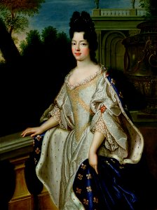 Marie Adélaïde of Savoy as depicted circa 1697 (wearing Fleur-de-lis as Duchess of Burgundy) by a member of the École Française. Free illustration for personal and commercial use.