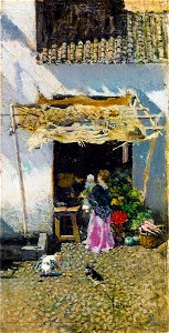 Mariano Fortuny - Mujer joven en la falda lila delante de un puesto de verduras