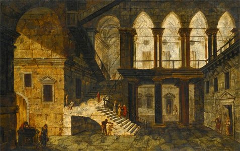 Architectural Fantasy with a Staircase in a Courtyard by Michele Marieschi
