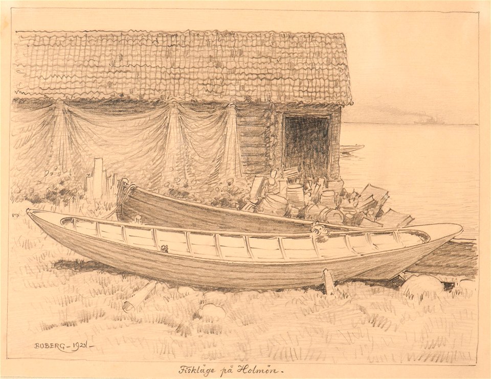 Marinmotiv-Fiskleläge, bruksbåtar, allmogebåtar - Sjöhistoriska museet - S 0998