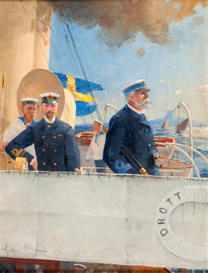 Marinmotiv-Kommandobrygga med Oscar II och Herman af Sillén. Chefsfartyg - Sjöhistoriska museet - O 11346