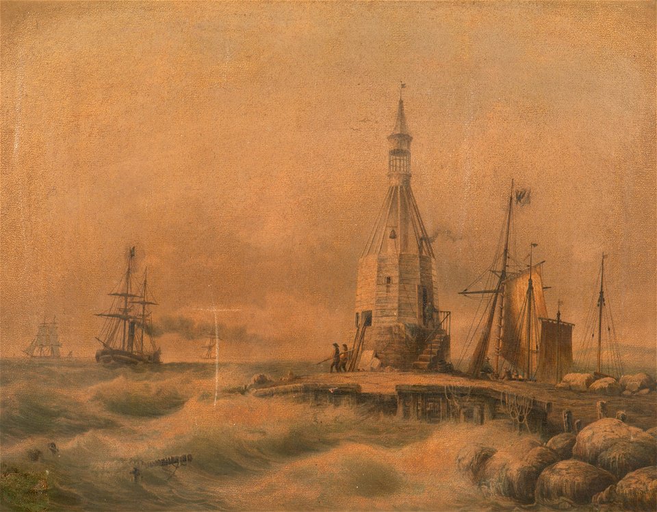 Marinmotiv-Fyr och briggtacklat ångfartyg - Sjöhistoriska museet - S 0099