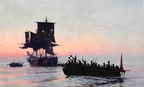 Christian Mølsted - Danish privateers intercepting an enemy vessel during the Napoleonic Wars (1888). Free illustration for personal and commercial use.
