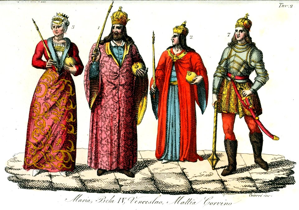 Monarchs of Hungary, Bela IV, Mary of Hungary, Wenceslaus, Matthias Corvinus Illustration for Il costume antico e moderno by Giulio Ferrario 1831 (2)