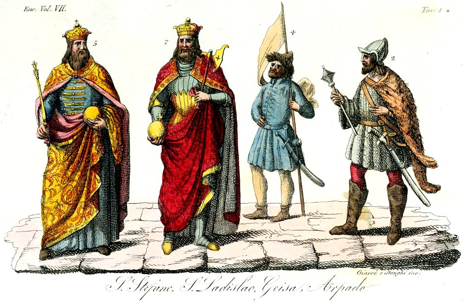 Monarchs of Hungary, Arpad, Saint Ladislaus, Saint Stephen, Geisa, Illustration for Il costume antico e moderno by Giulio Ferrario 1831