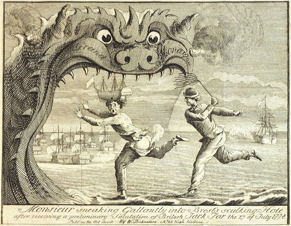 Monsieur sneaking Gallantly into Brest's sulking Hole after receiving a preliminary salutation of British Jack Tar the 27 of July 1778 (caricature) RMG PU4791