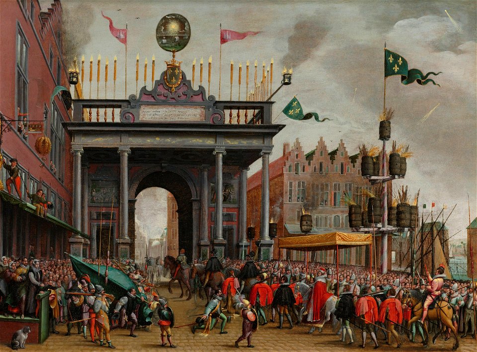 Blijde inkomst van François, hertog van Anjou (1556-1584) in Antwerpen, met de erepoort op de St. Jansbrug, 19 februari 1582 Rijksmuseum SK-A-4867