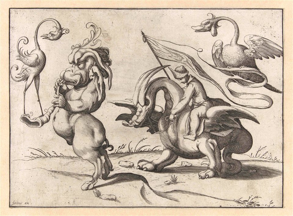 Monster met trompet en soort kraanvogel
