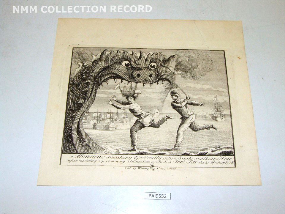 Monsieur sneaking Gallently into Brest's sculking Hole after receiving a preliminary Salutation of British Jack Tar the 27 of July 1778 (caricature) RMG RV6409