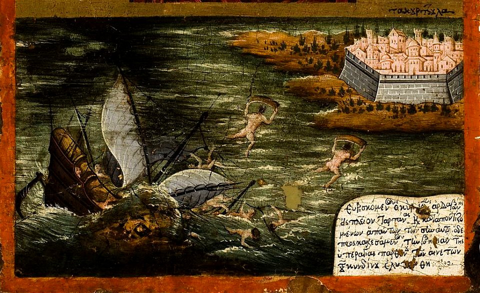 Miracle of the Virgin with shipwreck (Byzantine museum) - detail