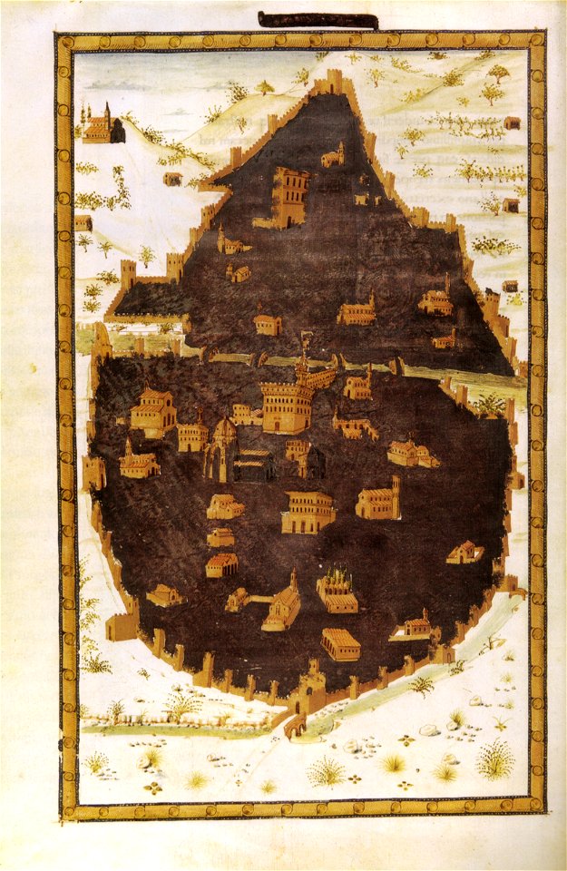 Miniatore fiorentino, pianta di firenze da poggio bracciolini historia florentina, bibl ap vaticana, ms. urb lat 491 f 4v