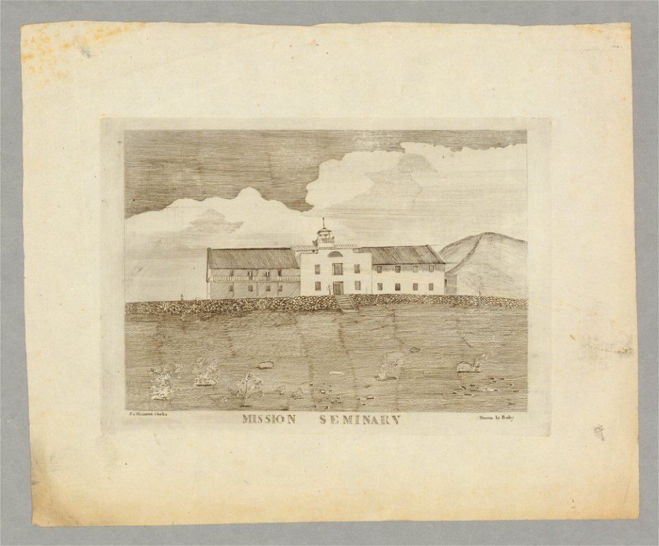 Mission Seminary, ca. 1838. Drawn by Edward Bailey, engraved by Momona