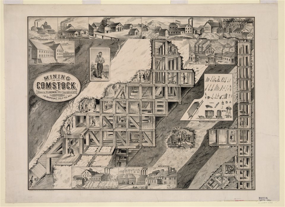 Mining on the Comstock - drawn by T.L. Dawes ; engraved and printed by Le Count Bro's., San Francisco. LCCN93506798