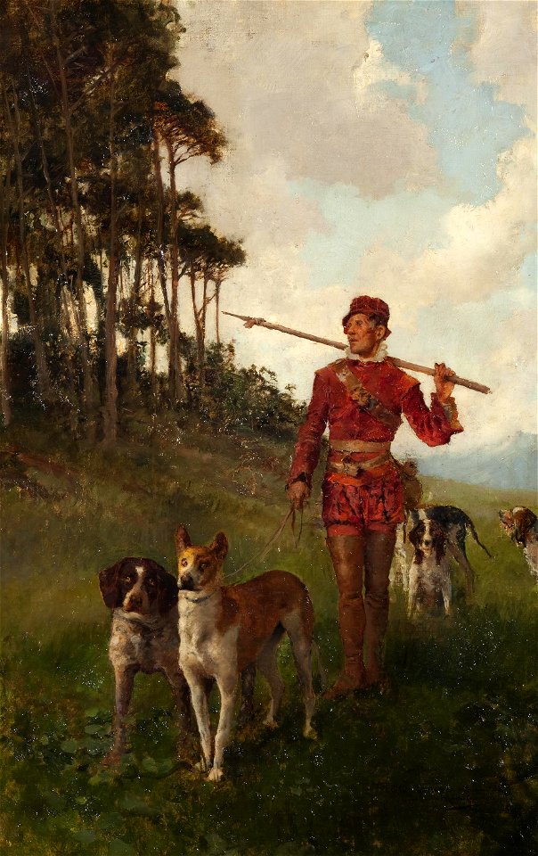 Montero con perros, por José Moreno Carbonero