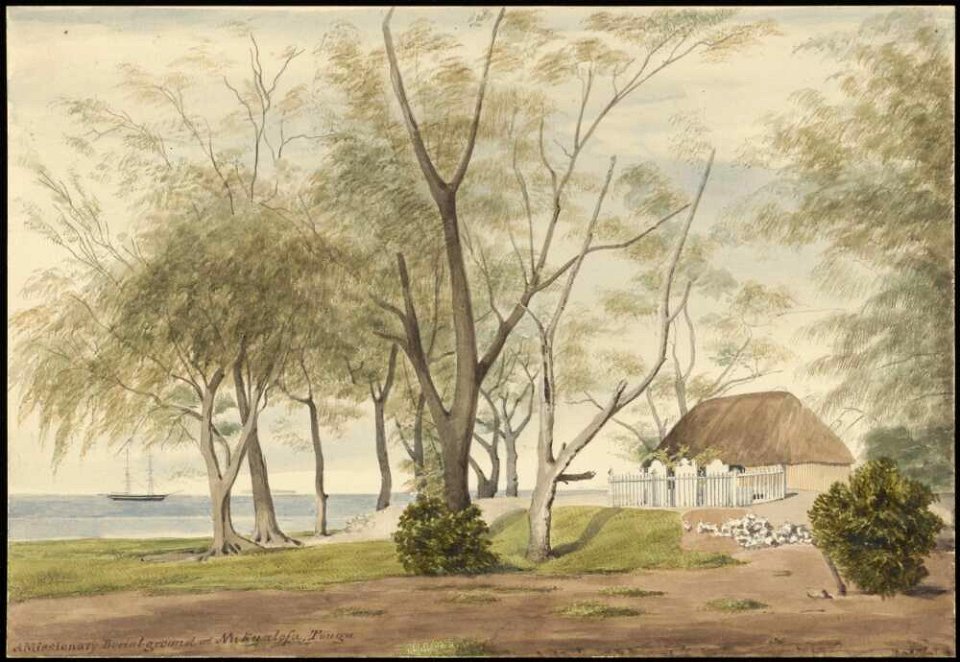 Missionary burial ground at Nukualofa, Tongatabu, 1853, watercolour by James Gay Sawkins