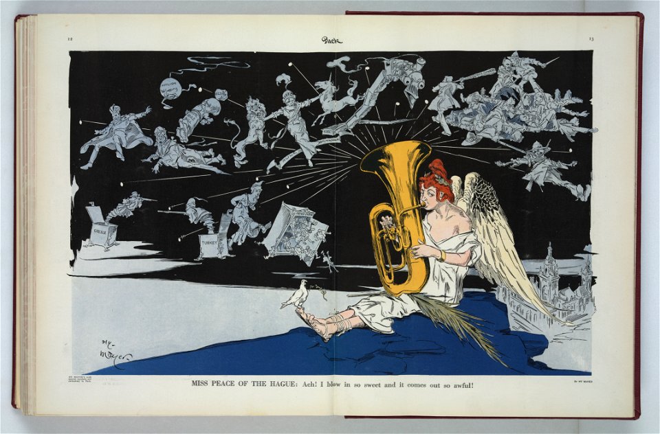 Miss Peace of the Hague- Ach! I blow in so sweet and it comes out so awful! - by Hy Mayer. LCCN2011649823
