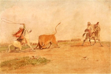 Mode of Lazoing Cattle in Buenos Ayres. Drawn for the Lady P., 1929. Free illustration for personal and commercial use.