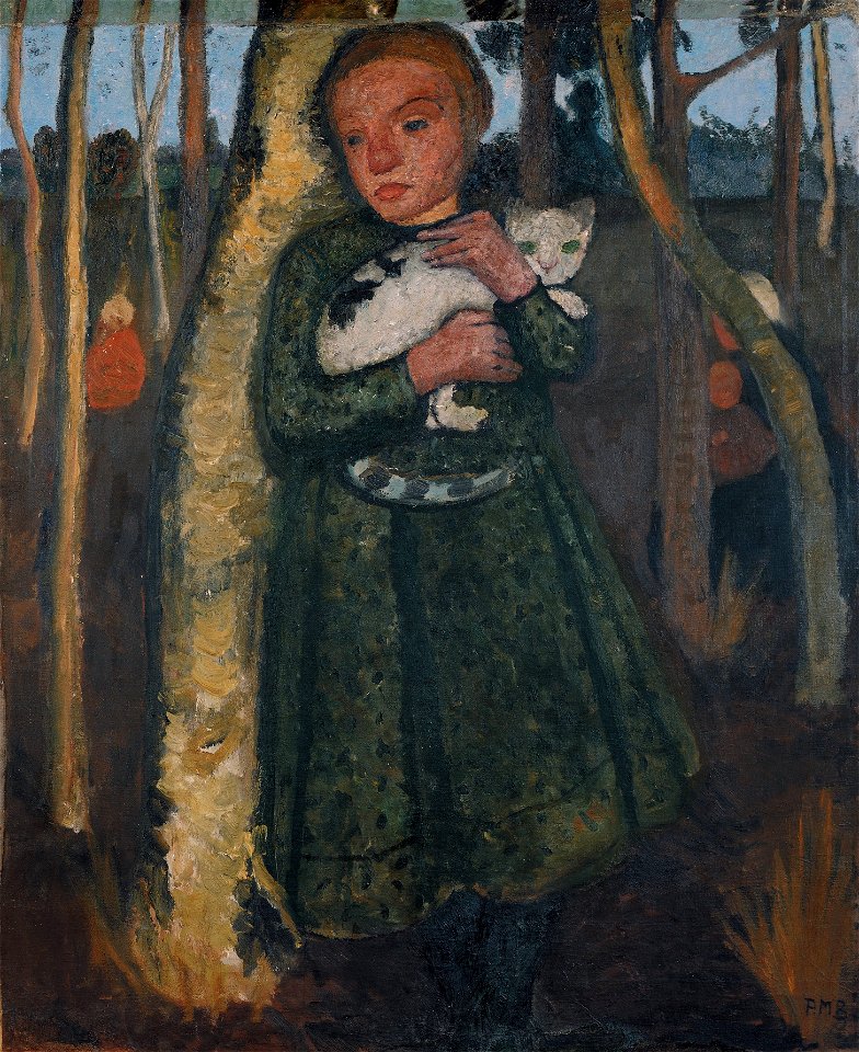 Paula Moderson-Becker - Mädchen im Birkenwald mit Katze (ca. 1904)