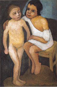 Paula Moderson-Becker - Sitzendes Mädchen in weißem Hemde und stehender Mädchenakt - 1906