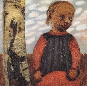 Modersohn-Becker - Mädchen in rotem Kleid am Baumstamm vor Wolkenhimmel
