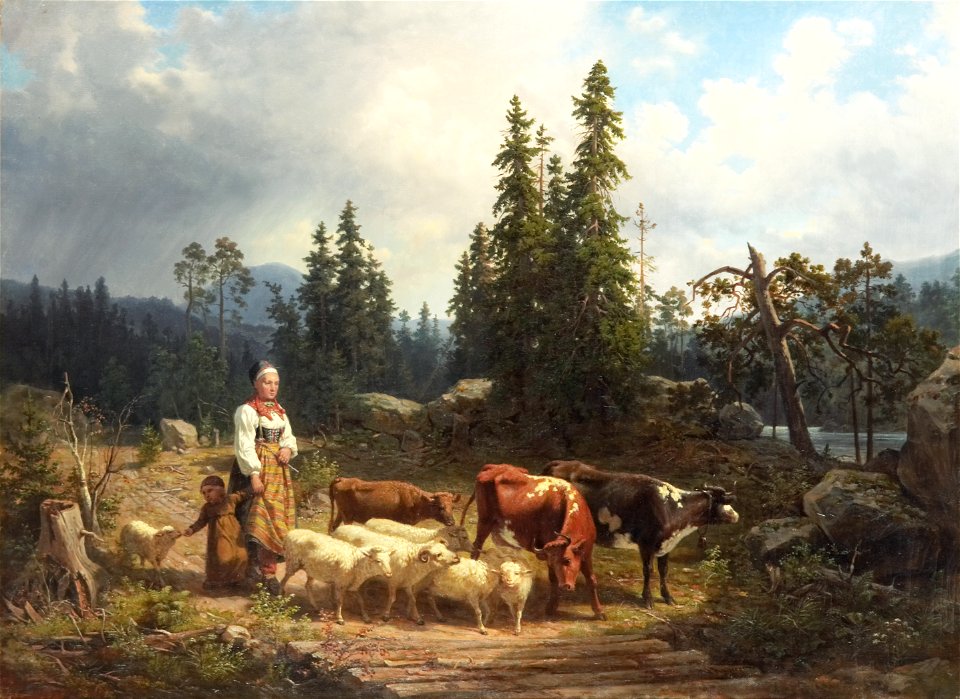 Nils Andersson - Vallflicka med hjord i landskap