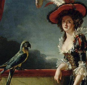 Mme Louise-Elisabeth with her two year old son cropped to focus on parrot