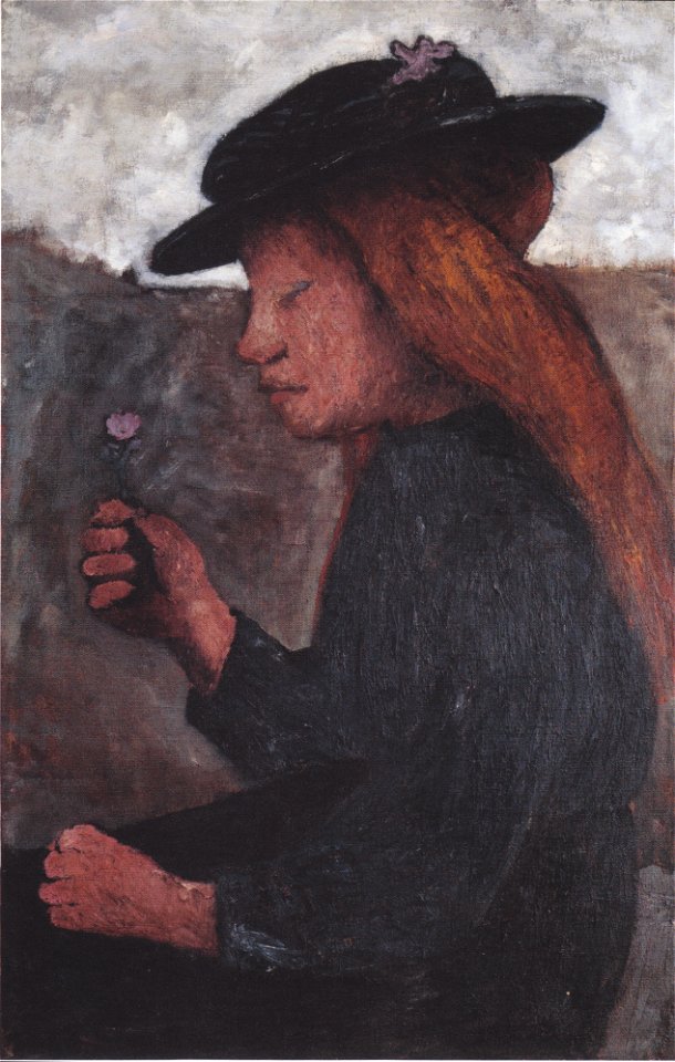 Modersohn-Becker - Sitzendes Mädchen mit schwarzem Hut und Blume in der rechten Hand