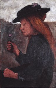 Modersohn-Becker - Sitzendes Mädchen mit schwarzem Hut und Blume in der rechten Hand