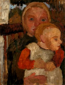 Paula Modersohn-Becker - Auf einem Stuhl sitzendes Mädchen mit Kind auf dem Schoß vor Landschaft (ca. 1904)