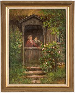 Nilson Kvinna med barn vid hus