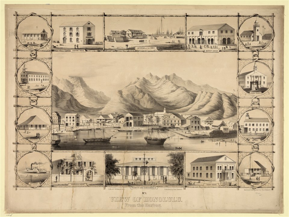 No. 1. View of Honolulu. From the Catholic church - sketched from nature by Paul Emmert ; drawn on stone by G.H. Burgess. LCCN2003681551