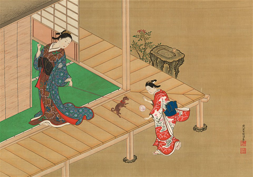 Nishikawa Sukenobu - Courtesan and Attendant Playing with a Dog - 2015.500.9.49 - Metropolitan Museum of Art