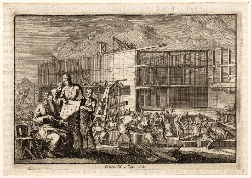 Noach bekijkt de bouwplannen van de ark die achter hem wordt gebouwd, objectnr A 48698