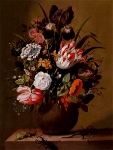 Roses, tulips, an iris and other flowers in a vase by Jakob Marrel, 1644