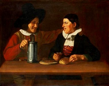 Martin Dichtl - Twee grijnzende mannen achter een tafel met tinnen kan, glas wijn en brood - GG 8549 - Kunsthistorisches Museum