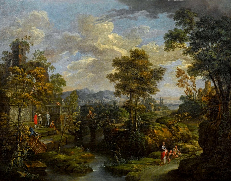 Martin Knoller - A landscape with a waterway, ruins and figures