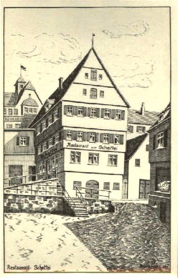 Martin Fischer - Restaurant zur Schottei (gezeichn AK um 1930)
